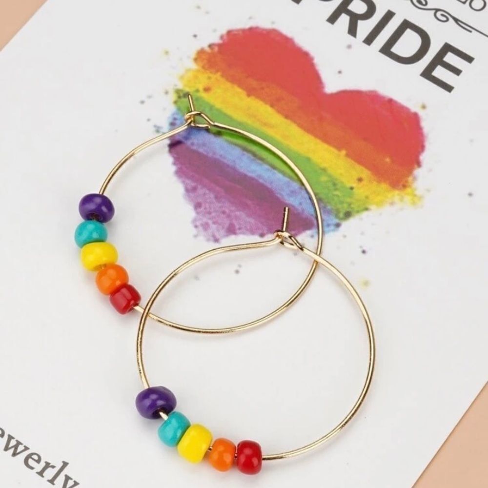 Rainbow bead hoop earrings, pride, bead